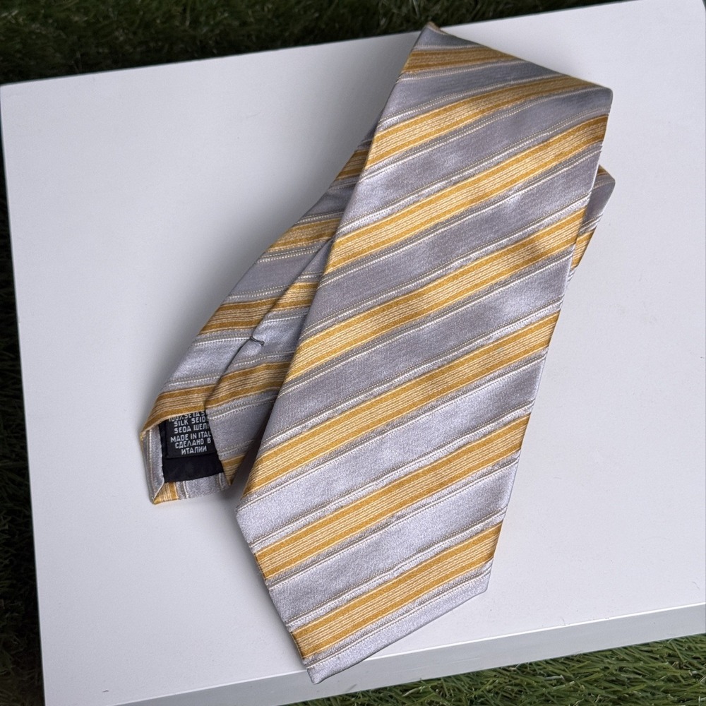 Hugo Boss Silk Tie Striped Designer Neckwear Made in Italy VTG Silver Gold
